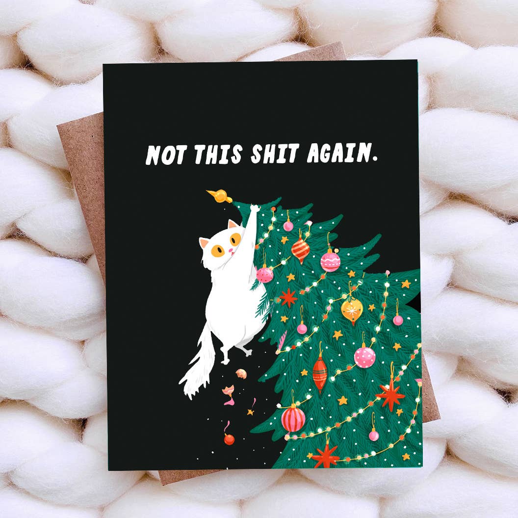 funny cat and christmas tree christmas card