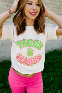 Tacos & Margs Varsity Glitter Cream Tee