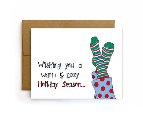 Warm & Cozy Christmas Card, Pajama Holiday Card, Fuzzy Socks