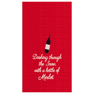 Christmas With A Bottle Of Merlot Embroidered Waffle Weave Towel