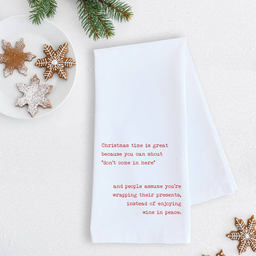 holiday christmas tea towel, dish towel, hostess gift